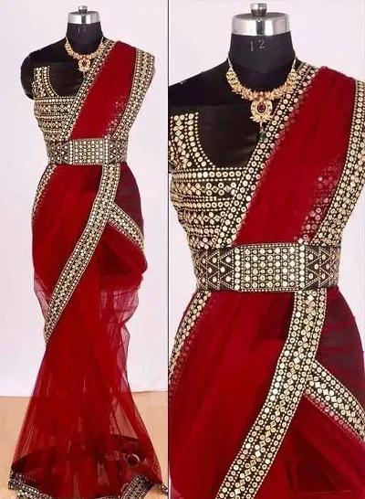 Net Mirror Lace Border Saree With Blouse Piece