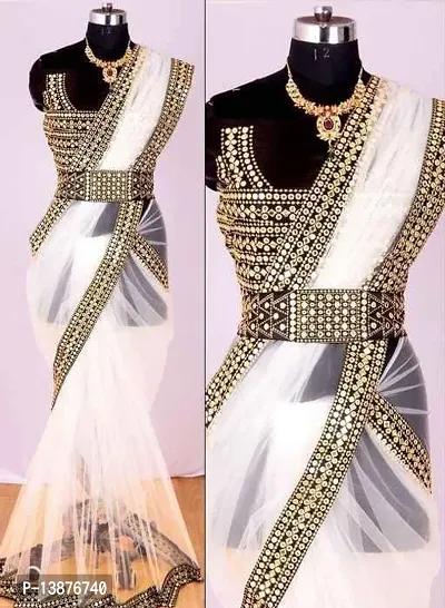 Beautiful Net Mirror Lace Border Saree With Blouse Piece For Women