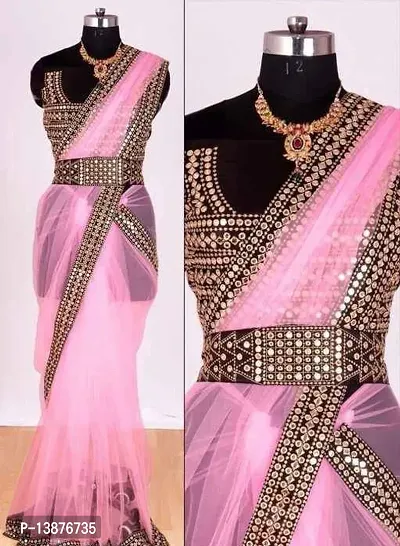 Beautiful Net Mirror Lace Border Saree With Blouse Piece For Women-thumb0