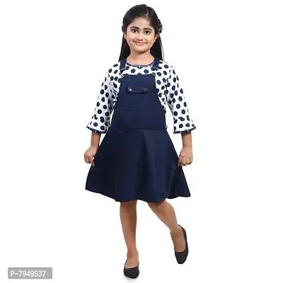 Fariha Fashions Girls Cotton Blend Knee Length Printed Dungaree Dress with Tophellip; (34) Blue
