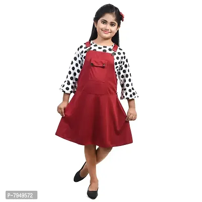 fariha fashions Girls Cotton Blend Knee Length Printed Dungaree Dress with Tophellip; (24, Maroon)