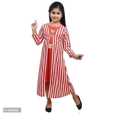 Fariha Fashions Girls Cotton Blend Ankle Length Festive/Party Striped Maxi Dress (3-4 Years, Red)