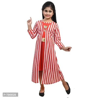 Fariha Fashions Girls Cotton Blend Ankle Length Festive/Party Striped Maxi Dress (3-4 Years, Red)-thumb0