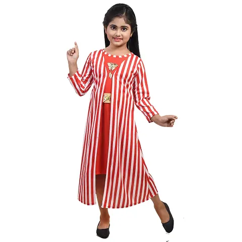 Fariha Fashions Girls Blend Ankle Length Festive/Party Striped Maxi Dress (3-4 Years, Red)