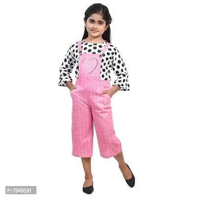 Fariha Fashions Girls Cotton Blend Knee Length Printed Dungaree Dress with Tophellip;hellip; (26, Pink)