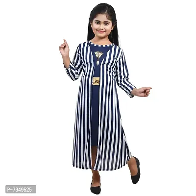 Fariha Fashions Girls Cotton Blend Ankle Length Festive/Party Striped Maxi Dress (11-12 Years, Blue)-thumb0