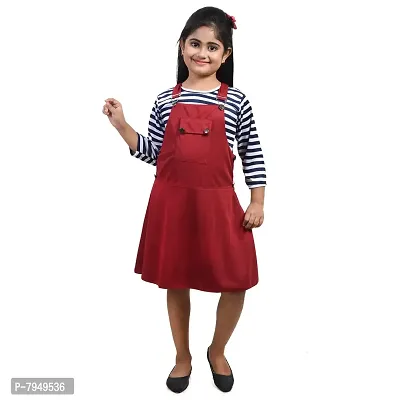 Fariha Fashions Girls Cotton Blend Knee Length Striped Women's Dungaree Dress with Top