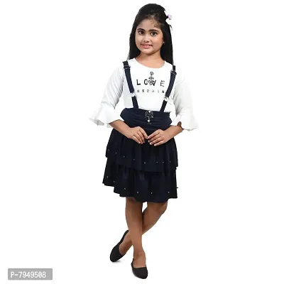 fariha fashions Girls Cotton Blend Knee Length Stylish Printed Dungaree Dress with Tophellip;hellip;hellip; (26, Navy Blue)