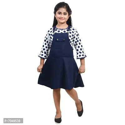 Fariha Fashions Girls Cotton Blend Knee Length Printed Dungaree Dress with Tophellip; (26) Blue