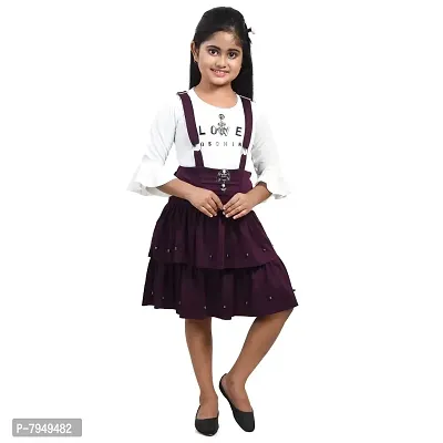 fariha fashions Girls Cotton Blend Knee Length Stylish Printed Dungaree Dress with Tophellip;hellip;hellip; (28, Violet)
