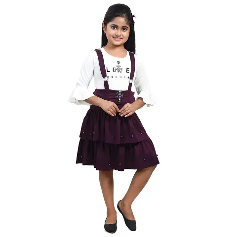 fariha fashions Girls Blend Knee Length Stylish Dungaree Dress with Tophellip;hellip;hellip; (28, Violet)