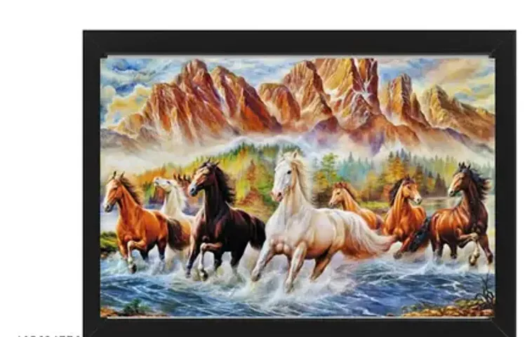 PNF Seven (7) Running Horse with Wooden Synthetic Frame Painting(13.5x19 inch,Multicolour,Synthetic), Medium