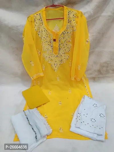 Elegant Yellow Chikankari Chiffon Kurta Inner with Bottom And Dupatta Set For Women