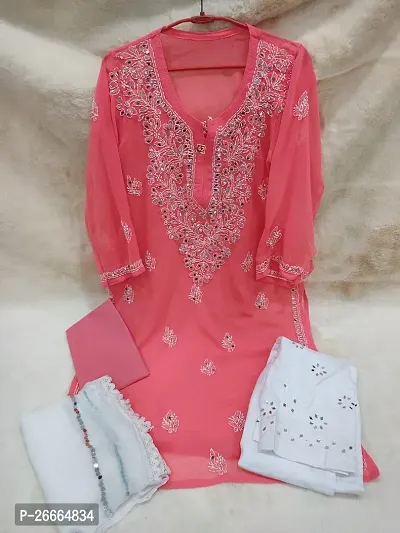 Elegant Pink Chikankari Chiffon Kurta Inner with Bottom And Dupatta Set For Women