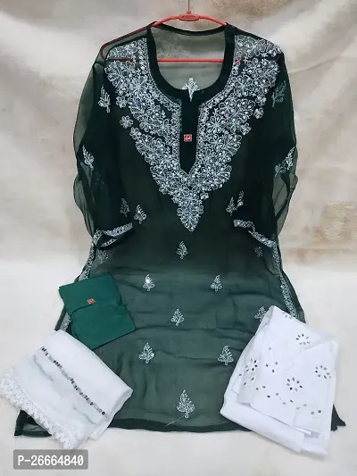 Elegant Green Chikankari Chiffon Kurta Inner with Bottom And Dupatta Set For Women-thumb0