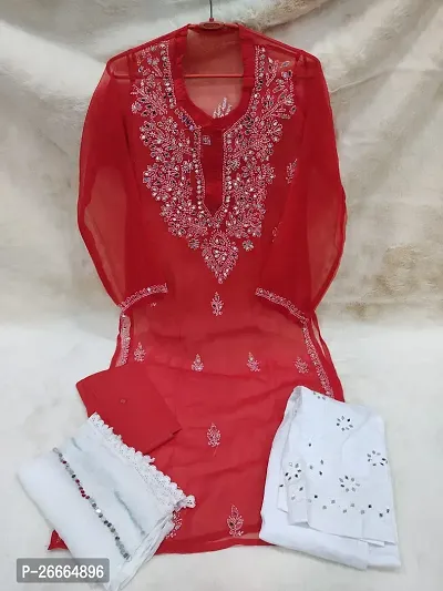 Elegant Red Chikankari Chiffon Kurta Inner with Bottom And Dupatta Set For Women