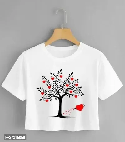 Women Round Neck Half Sleeves Tree Sublimation Printed White Solid Crop Top-thumb0