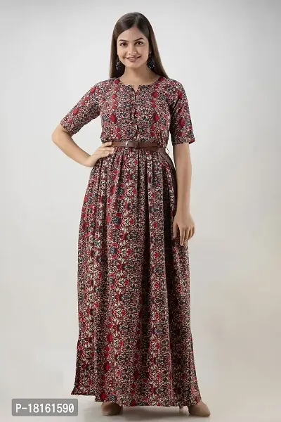 Mahera Women's Traditional Ethnic Long Gown Western Dress|Stylish Latest Dresses|Long Kurtis|Gown|Kurtis|Maxi Dress| (L, Flower-Multi-1)-thumb0
