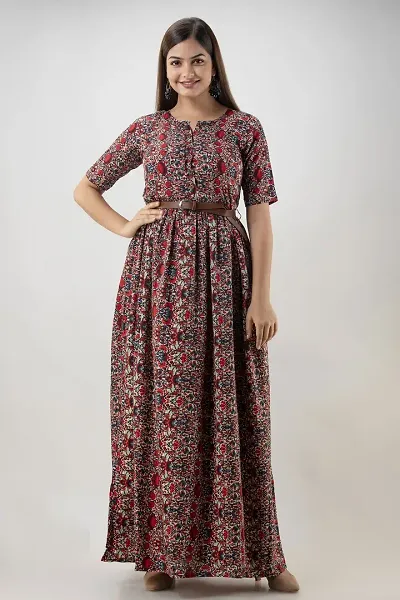 Mahera Women's Traditional Ethnic Long Gown Western Dress|Stylish Latest Dresses|Long Kurtis|Gown|Kurtis|Maxi Dress| (L, Flower-Multi-1)