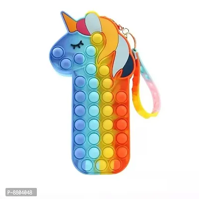 Unicorn Shaped Colorful Pop it Pouch Cum Key Chain Fidget Toy for Girls Makeup Cosmetic Bag, Stationery Pouch for School College Office Pencil Case-thumb0