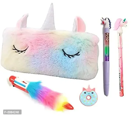 Unicorn Learning Collection-5pcs Pouch/Gel,Fur Pen/Pencil/Eraser for Kids-thumb0