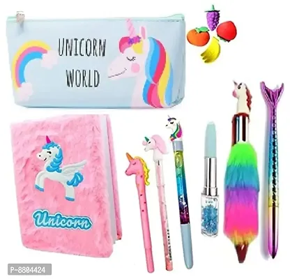 Unicorn Learning Collection-9 pcs Diary/Pouch/Pen/Gel Pen/Pencil/Eraser for Kids