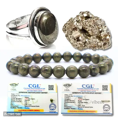 Original Pyrite Combo Bracelet With Lab Test Certificate, Adjustable Ring and 30-50 Gram Raw Rough Cluster Peru Pyrite AAA Quality Stone Best Set For Gift for Money, Abundance, Wealth, Success-thumb0