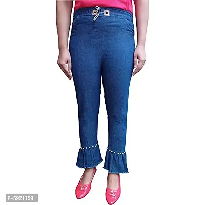 Girls Regular Fit Blue Ruffle Desing Pearl Jogger Jeans-thumb0