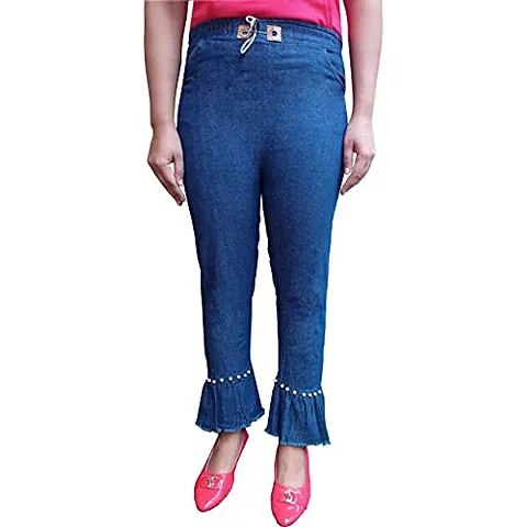 Girls Regular Fit Blue Ruffle Desing Pearl Jogger Jeans
