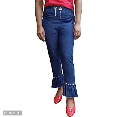Girls Regular Fit Blue Ruffle Desing Pearl Jogger Jeans-thumb3