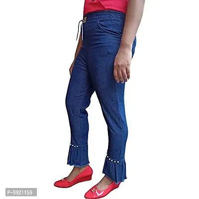 Girls Regular Fit Blue Ruffle Desing Pearl Jogger Jeans-thumb4