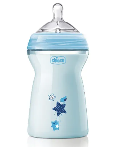 Chicco Natural Feeling Baby Milk Feeding Bottle with Wide Neck, Anti-Colic for Easy Milk Flow, For Babies & Toddlers 6m+, 330ml (Blue)