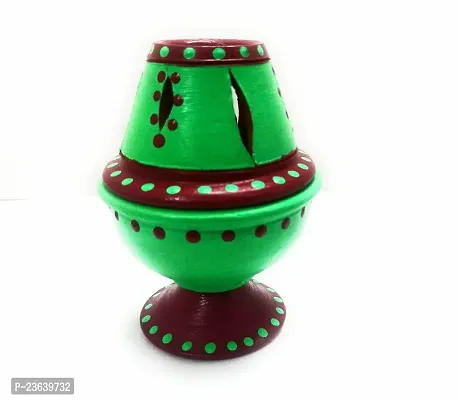 Premium Colored Clay Lantern/Diya Magenta and Leaf Green