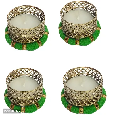 Aroomantrade; Handmade Round ShapeTealights Candle Holder Diwali Decoration/ Home Decoration/ Festive Decoration Set of 04, Color- Green