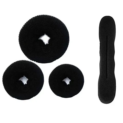 VinshBond Set of 4 Hair Accessories Set (3 Banana Fuff Bumpit + 1 Donut Ban Maker) for Girls and Womens (Black)