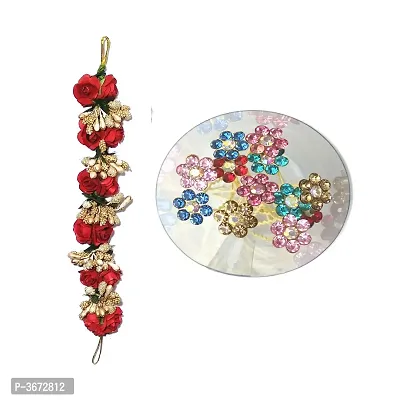 Set Of 12 Multi Colours Juda Pins And Red Flower Hair Gajra For Women/Girls