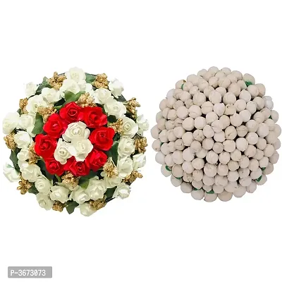 Full Juda Bun Hair Flower Gajra Combo for Wedding and Parties (Red White) Colour Pack of 2-thumb0