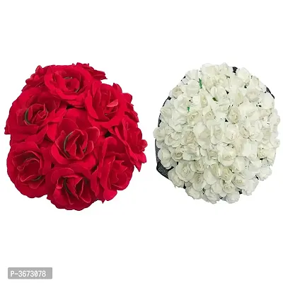 Full Juda Bun Hair Flower Gajra Combo for Wedding and Parties (Red White) Colour Pack of 2