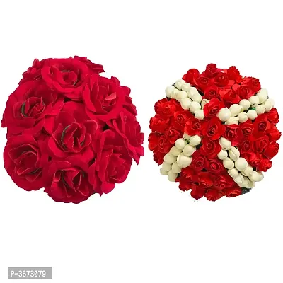 Full Juda Bun Hair Flower Gajra Combo for Wedding and Parties (Red White) Colour Pack of 2