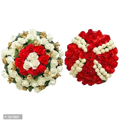 Full Juda Bun Hair Flower Gajra Combo for Wedding and Parties (Red White) Colour Pack of 2-thumb0