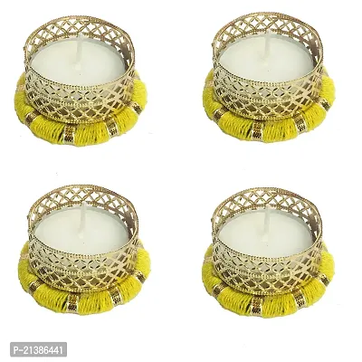 Aroomantrade; Handmade Round ShapeTealights Candle Holder Diwali Decoration/ Home Decoration/ Festive Decoration Set of 04, Color- Yellow