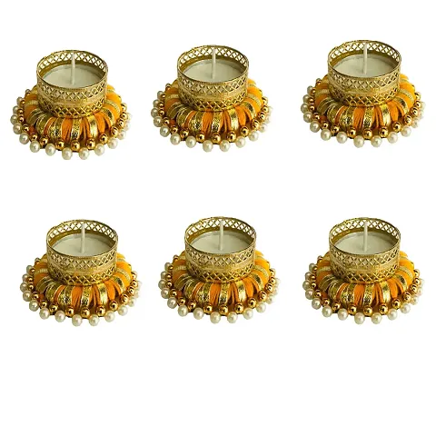 Gadinfashion? Decorative Diya Tealight Candle Holder/Diwali Decoration/Office Decoration Set of 6, Yellow