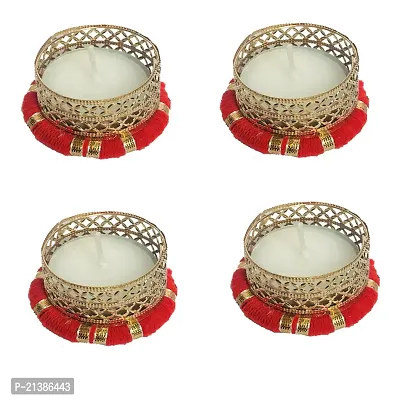 Aroomantrade; Handmade Round ShapeTealights Candle Holder Diwali Decoration/ Home Decoration/ Festive Decoration Set of 04, Color- Red