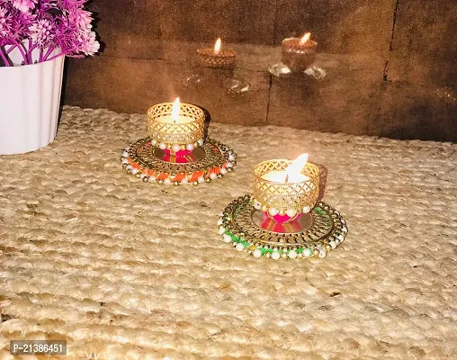 Aroomantrade; Handmade Tealights Candle Holder Diwali Decoration/ Home Decoration/ Festive Decoration Set of 2, Color- Multi-thumb2