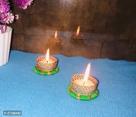 Aroomantrade; Handmade Round ShapeTealights Candle Holder Diwali Decoration/ Home Decoration/ Festive Decoration Set of 04, Color- Green-thumb2