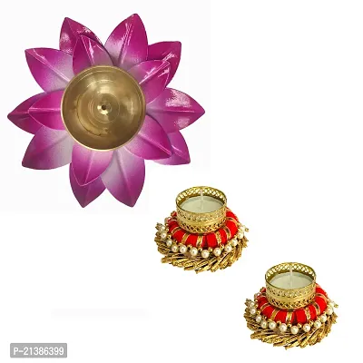 Aroomantrade; Brass Diya for Diwali puja/ Home Decoration/office decoration Pack of 3, Red  Purple-thumb0