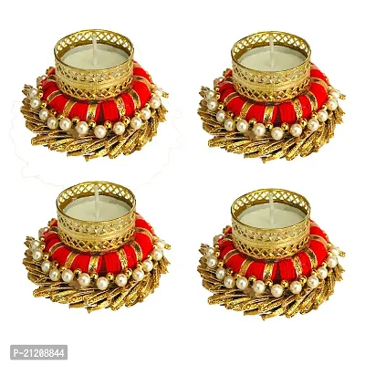 Aroomantrade; Decorative Diya Tealight Candle Holder / Diwali Diya, For Home Decoration/ Gifting/ Set of 4 (Red Color) Iron Tealight Holder Set (Red, Gold, Pack of 4)-thumb0