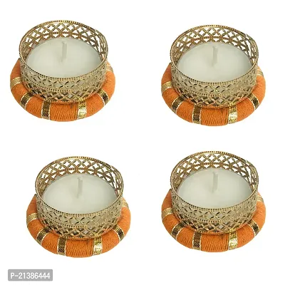 Aroomantrade; Handmade Round ShapeTealights Candle Holder Diwali Decoration/ Home Decoration/ Festive Decoration Set of 04, Color- Orange