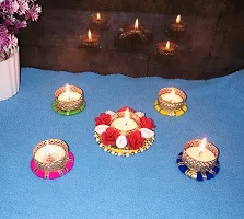 Aroomantrade; Handmade Tea Light Candle Holder| Set of 5 Rangoli Candle Holders for Diwali Decorations Rangoli Floor Decorations, Diwali Lights with Tealights, Color-Multi-thumb1
