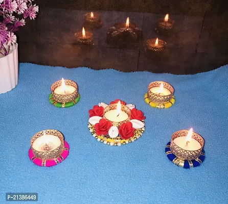 Aroomantrade; Handmade Tea Light Candle Holder| Set of 5 Rangoli Candle Holders for Diwali Decorations Rangoli Floor Decorations, Diwali Lights with Tealights, Color-Multi-thumb2
